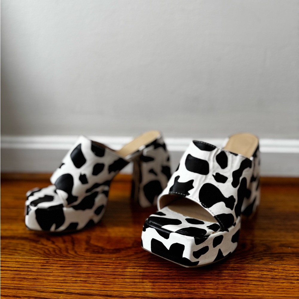 Chunky Platform Heels Black and White Animal Print